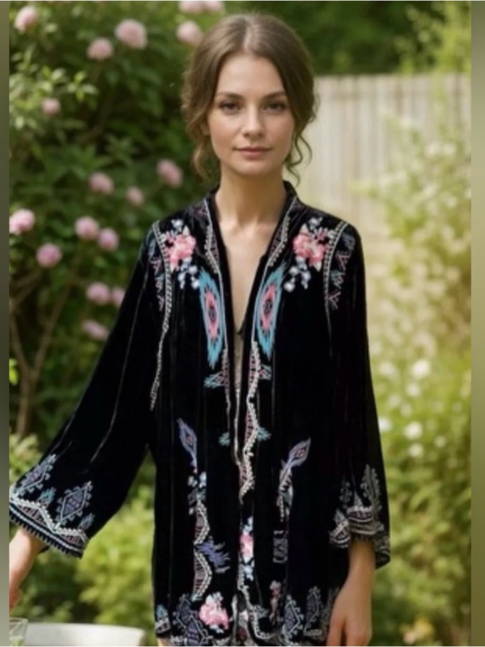 Johnny Was Black Aveza Draped Embroidered Silk-Blend Velvet Kimono/Jacket